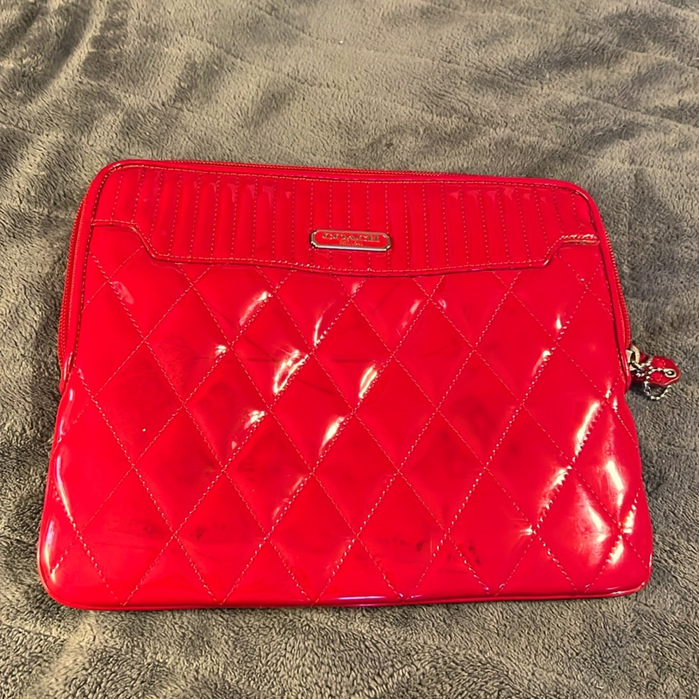 Coach Red Quilted Patent Leather Poppy Liquid Glass Pouch